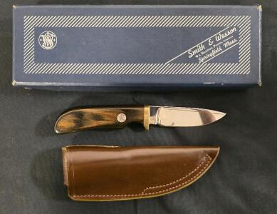 Smith & Wesson Model 108 Fixed Blade Hunting Knife, Rosewood Handle, Leather Sheath, Boxed