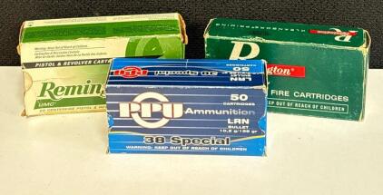 .38 Special Ammo &ndash; PPU & Remington, 158Gr LRN, 3 Full 50-Round Boxes, Brass/Nickel Cases