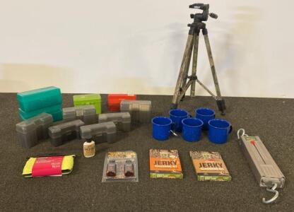 Nikon Camo Tripod, Cabela's 550lb Scale, Ammo Boxes, Enamel Mugs, Jerky Kits, Poly Cord & More