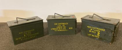Set Of 3 US Military Steel Ammo Cans&mdash;M19A1/M2A1, Marked 5.56mm, .50 Cal, 7.62mm