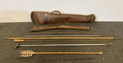 Vintage Muzzleloader Rifle Stock With Leather Case, 4 Cleaning Rods, Arrow/Bolt Accessory