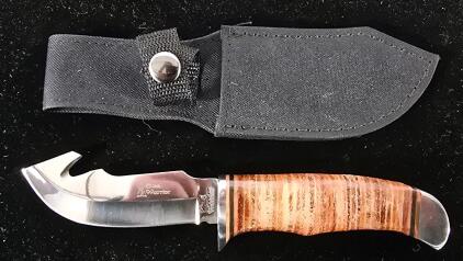 Steel Warrior Fixed Blade Gut Hook Hunting Knife, Stacked Leather Handle, W/ Nylon Sheath