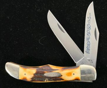 Case XX 5265 SAB Folding Hunter Knife, 2 Stainless Blades, Genuine Stag Handle, Scrollwork Engraving