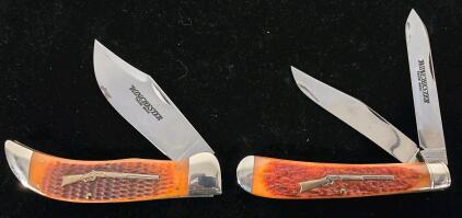 Winchester Lockback & Trapper Folding Knives Set &ndash; Jigged Bone W/ Rifle Emblem, Stainless Blades