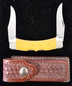 Case XX Texas Lock Horn Double Lockback Knife, Yellow Handle, 3.5" Blades, Leather Sheath, 1995