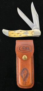Case XX 6254 Trapper Knife, Yellow Bone Barbed Wire Handle, 2-Blade, Leather Sheath, USA Made