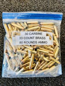 .30 Carbine Ammo, 80 Rounds Aguila/Remington, 33 Brass Cases, FMJ, Factory Headstamp