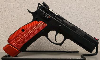 CZ 75 SP-01 9mm Semi-Auto Pistol, Orange Aluminum Grips, Extended Mag, F319960, Case & Extras