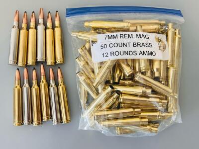 7mm Remington Magnum Ammo and Brass &ndash; (12) Live Rounds, 50 Mixed Brand Brass Casings