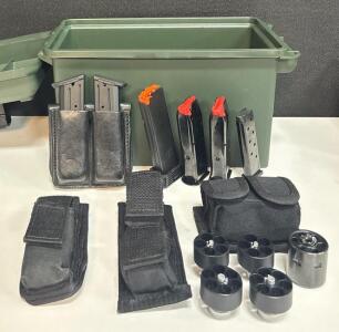 Handgun Magazine & Speedloader Lot &ndash; 5 Mags, 5 Speedloaders, MTM Ammo Can, 125 Rounds, Pouches