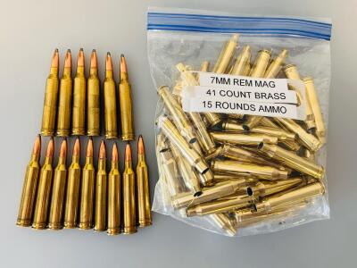 Federal 7mm Rem Mag Ammo, (15) Rounds SP, 41 Cleaned Brass, 1 .30-06 Case, FC Headstamp