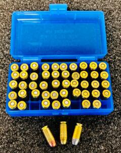 Mixed Brand .380 Auto ACP Ammunition, 50 Rounds, Brass Case, FMJ & LRN, Blue Storage Box