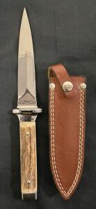 Kershaw Solingen Germany Stag Handle Boot Dagger, Rostfrei Blade, Leather Sheath, #2796
