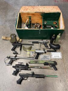 Vintage Paintball Marker Lot: PPS, Sheridan, VM-68, PGP, CO2 Tanks, Parts Kits, Wood Storage Chest. 100% of proceeds from this Item will be donated to Vibrant Life School &mdash; your purchase directly supports local education!