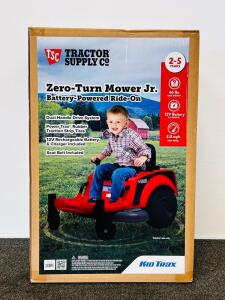 Brand new Kid Trax Zero-Turn Mower Jr. battery-powered ride-on, sold through Tractor Supply Co.. This fun and realistic mower-style ride-on is perfect for young kids who love outdoor play and pretending to help with yard work. 100% of proceeds from this I