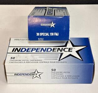 Independence .38 Special 130gr FMJ Ammunition, 100 Rounds, Lot 5252, Brass Case, Centerfire