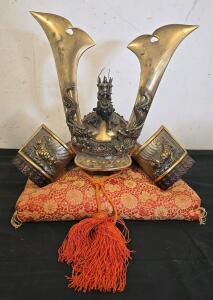 Japanese Samurai Kabuto Helmet with Dragon Crest, Tiger Panels, Gold Accents & Display Pillow