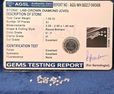 31 AGSL-Certified Lab-Grown Round Brilliant Diamonds, D-F Color, IF Clarity, 1.00ctw CVD
