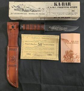 KA-BAR USMC Fighting Knife Pearl Harbor 50th Anniversary Edition, Model 02-1241, 1991 COA & Box