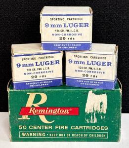 9mm Luger 124gr FMJ Non-Corrosive Ammo, Remington & Surplus, 110 Rounds, Brass Casing