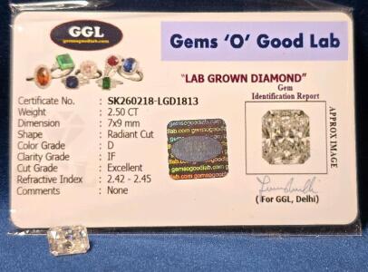 2.50 CT D IF Radiant Cut Lab-Grown Diamond, Excellent Cut, Certified by GGL, 7x9mm