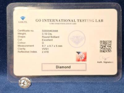 3.10 ct D VVS1 Round Brilliant Diamond, Excellent Cut, Certified by GO International Testing Lab