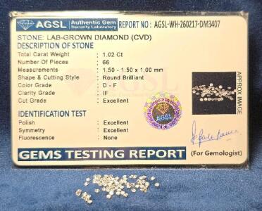 66 Lab-Grown CVD Diamonds, 1.02 Ct, D-F Color, IF, Round Brilliant, AGSL Certified, 1.5mm