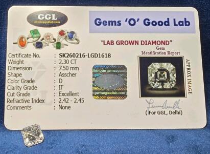 2.30 CT Lab Grown Diamond Asscher Cut D Color IF Clarity Certified by GGL Gems &lsquo;O&rsquo; Good Lab