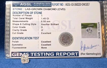 1.45 Ct D IF Asscher Brilliant Lab-Grown Diamond, AGSL Certified CVD, Excellent Cut
