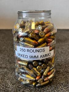 250 Rounds Mixed 9mm Luger Ammo Bulk Jar, FMJ, Brass Case, Blazer & AMERC Brands