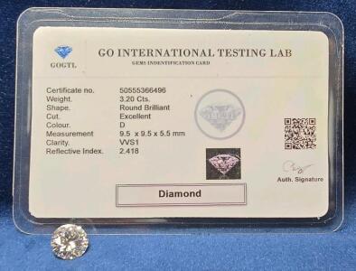 3.20 Ct D VVS1 Excellent Round Brilliant Diamond, GOCTL Certified, 9.5 mm, Cert #50555366496