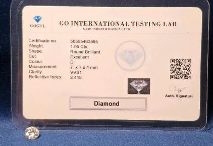 1.05 Carat Round Brilliant Diamond &ndash; D Color, VVS1 Clarity, Excellent Cut, GOCTL Certified