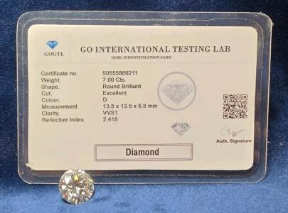 7.00 Ct D VVS1 Round Brilliant Diamond, Excellent Cut, Certified by GOCTL