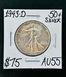1943-D Walking Liberty Half Dollar 90% Silver, Denver Mint, AU55, 50&cent; Coin