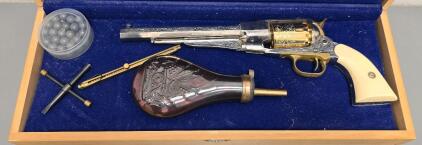 Pietta Remington 1858 .44 Cal Deluxe Engraved Cap & Ball Revolver, Nickel/Gold, Cased Set, Italy