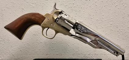 A.S.M. Colt 1851 Navy .36 Caliber Black Powder Engraved Nickel Revolver w/ Powder Flask, Italy