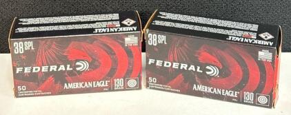 Federal American Eagle .38 Special 130gr FMJ, 100 Rounds, Brass Case, Made in USA, UPC 029465091904