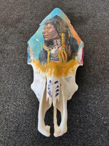 (2) Hand-Painted American Bison Skulls Art by H. Nelson, Native American Portrait, Signed April 1989