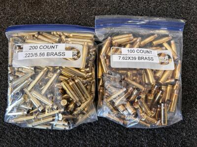 Bulk Brass Casings Lot: 200x .223/5.56 & 100x 7.62x39, Mixed Headstamp, Unpolished, Boxer
