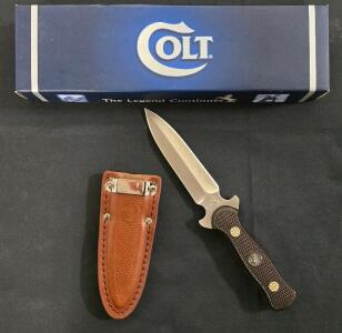 Colt CT225 Fixed-Blade Dagger Knife, 4.25" Blade, Leather Sheath, Box, China