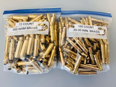 .30-30 Win Brass (100 ct) + .300 WSM Brass (72 ct) Mixed Headstamp, Spent, Cleaned, for Reloading