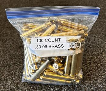 100 Mixed .30-06 Springfield Once-Fired Brass Casings, Lake City & Winchester, Cleaned/Polished