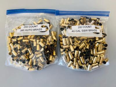 (200) Count .380 Auto & (200) Count .40 S&W Once-Fired Brass Casings, Mixed Headstamps, Cleaned