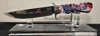 Sharps Cutlery Freedom Bowie Knife, 8" Stainless Blade, Red White Blue Handle, Display Stand