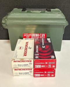 9mm Luger 115gr FMJ &ndash; 200 Rounds (Federal & Winchester) with Military Plastic Ammo Can