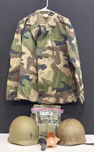 WWII US M1 Helmet, French Camo XL Jacket, SOG Knife, Greek Ammo Pouches, Hi-Power Holster Lot