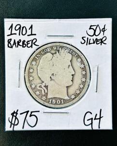 1901 Barber Half Dollar, G4, 90% Silver, Philadelphia Mint, 6.87 Million Mintage
