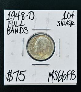 1948-D Roosevelt Dime MS66FB Full Bands, 90% Silver, Denver Mint, Key Collector Grade