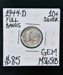 1944-D Mercury Dime 10&cent; Silver, MS65FB Grade, Full Bands, Denver Mint, Gem Brilliant Uncirculated
