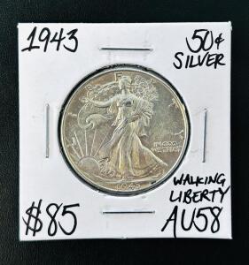 1943 Walking Liberty Half Dollar 90% Silver AU58, 50&cent; Coin, U.S. Mint